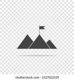 Vector icon mountain and flag on top. Victory symbol  icon on transparent background.
