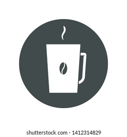Vector icon of a mug with coffee bean on it. Trasparent, no fill on cup. Isolated in circle.