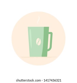 Vector icon of a mug with coffee bean on it. Isolated in circle. Flat design. Green color.