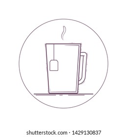 Vector icon of mug with tea bag. Line icon in circle. Isolated on white background.