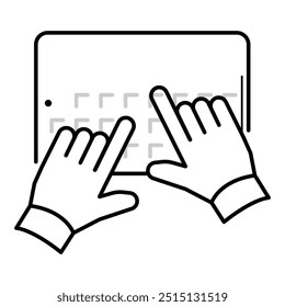 Ícone de vetor para Interação multitoque. Dois dedos interagindo com uma tela sensível ao toque representando a tecnologia multitoque, interface por toque. Ilustração vetorial. 