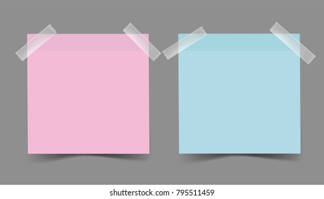 Vector icon multicolored blank sticker for notes, pasted with adhesive tape. Realistic  sticker with shadow
