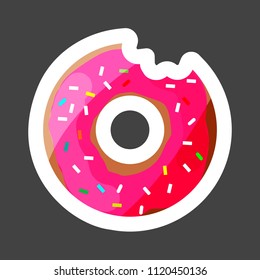 Vector icon of a multicolored donut covered with icing. A glazed donut bitten off colored sticker. Layers grouped for easy editing illustration.  For your design.