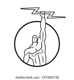 Vector icon of a muscular man figure, with a rising arm holding a lightning, in black and white with border lines and framed in a circular shape. To use like logo, design element or similar thing