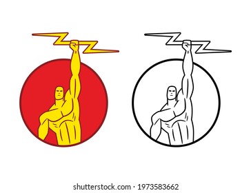 Vector icon of a muscular man figure, with a rising arm holding a lightning, in color and black and white version and framed in a circular shape. To use like logo, design element or similar thing.