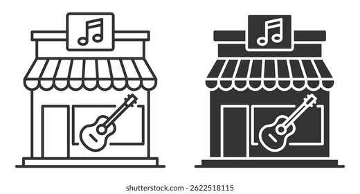 Vector icon of music shop building with guitar and note.