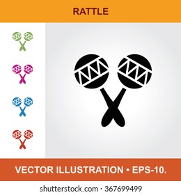 Vector Icon Of Musical Rattle With Title & Small Multicolored Icons. Eps-10.