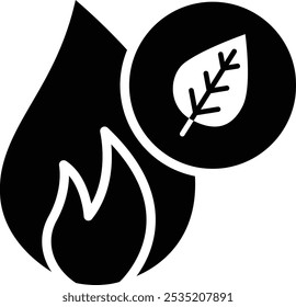 Vektorsymbol von Erdgas mit einem Flammen- und Blattsymbol. Flacher Stil, der eine Erdgas repräsentierende Flamme darstellt, neben einem Blatt, das auf Umweltfreundlichkeit und Nachhaltigkeit hinweist. 