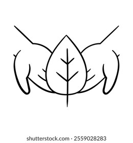 Vector icon for Nature Preservation. Two hands holding a leaf symbolizing environmental protection and sustainability.