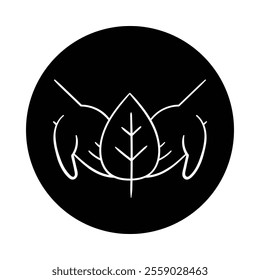 Vector icon for Nature Preservation. Two hands holding a leaf symbolizing environmental protection and sustainability.