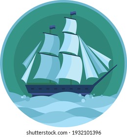 Vector icon in nautical style. Old sailing ship on emerald sea background in the waves.