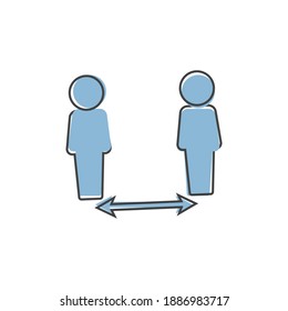 Los iconos vectores deben mantener la distancia entre las personas en el estilo de dibujos animados sobre fondo blanco aislado.