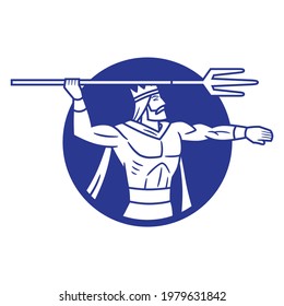 Vector icon of Neptune holding a trident, framed in a circular shape, in blue color and outlined, to use like logo, graphic element or similar thing.