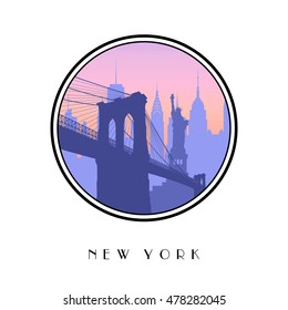 Vector icon New York city as a travel destination with Bridge, Statue of Liberty and skyline. 