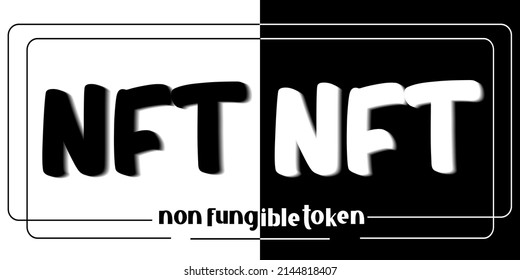 Vektorsymbol der NFT-Technologie. Buchstaben auf weißem und schwarzem Hintergrund. Bezahlung für einzigartige digitale Objekte in der Kunst.  