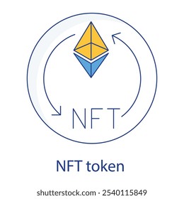 Vector icon for NFT Token. Features an Ethereum symbol on a coin, representing unique digital ownership through non-fungible tokens.