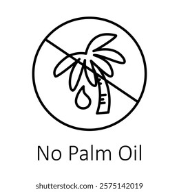 Vector icon for No Palm Oil. A bold design with a palm tree crossed out, symbolizing sustainable and eco-friendly practices.