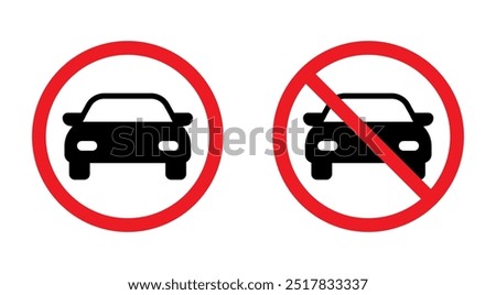 Vector icon no parking. Parking regulation sign. Car in red prohibiting circle. Road signs and symbols. Editable stroke line and solid set. Red and black colors.