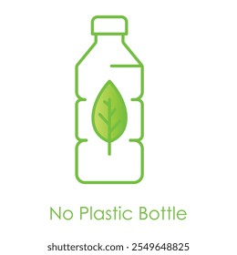 Vector icon for no plastic bottle. Illustrates a reusable bottle with a leaf symbol promoting plastic-free and eco-conscious habits.