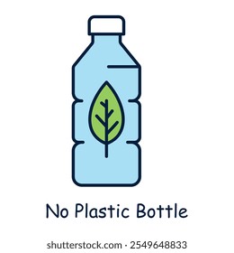 Vector icon for no plastic bottle. Illustrates a reusable bottle with a leaf symbol promoting plastic-free and eco-conscious habits.