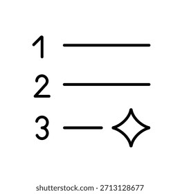 Icono de Vector de una lista numerada con un destello, que representa la generación asistida por IA de contornos o contenido estructurado, en estilo de línea con trazo editable