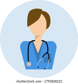 vector icon of a nurse with a stethoscope in a blue coat. Doctor in a medical gown