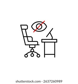 Vector icon of office chair and desk with crossed-out eye, symbolizing private workspace, hidden activity, or restricted access. Ideal for productivity apps, remote work tools, and privacy settings