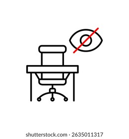 Vector icon of office desk and chair with crossed-out eye, symbolizing private workspace, hidden activity, or restricted access. Ideal for productivity apps, remote work tools, and privacy settings