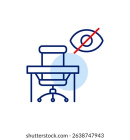 Vector icon of office desk and chair with crossed-out eye, symbolizing private workspace, hidden activity, or restricted access. Ideal for productivity apps, remote work tools, privacy settings