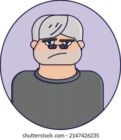 Vector Icon Of Old Man In Black Sunglasses And Stubble. Cute Vector Illustration In Flat Style.