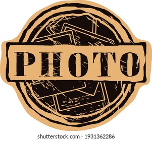 Vector icon with old photo round shabby emblem design in grunge style. Lots of photo stamp round seal imitation. Photo silhouette logo on craft paper background. Grunge classic icon