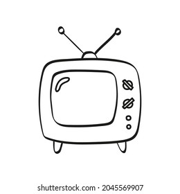 Vector icon of an old TV set with antenna in doodle style. Hand drawn vintage television devices. 