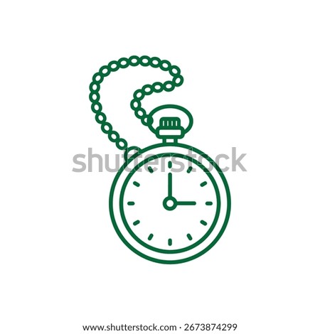A vector icon of an old-fashioned pocket watch. The design is a clean outline style showing the clock face, winder, and a beaded chain, isolated on a white background.