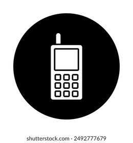 A vector icon of an old-fashioned telephone with a white symbol, with a black circular background.