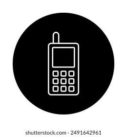 A vector icon of an old-fashioned telephone, a white-line flat design phone on a black background.