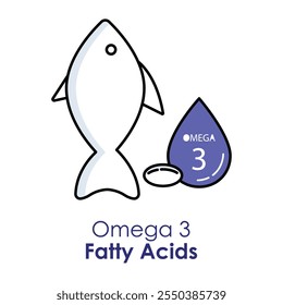 Vektorsymbol für Omega-3-Fettsäuren. Zeigt ein Omega-Symbol mit einem Tropfen, der Herzgesundheit, Gehirnfunktion und wichtige Nährstoffe darstellt.