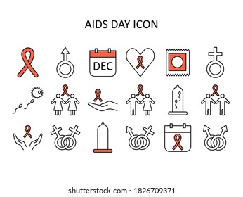 Vector icon on AIDS DAY. Ribbon, condom, love, couples, etc. 