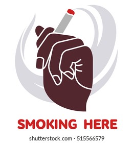 Vector icon on smoking in flat style. Hand holding a cigarette. Text to smoke here. The poster, sticker, sign. Isolation on a white background.