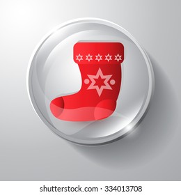 Vector icon on the theme of Christmas. Cartoon illustration. Gray button with red sock.