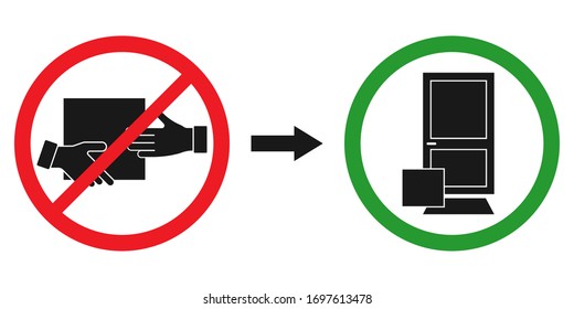 Vector icon on white, which prohibits transfer of goods from hand to hand. Encourages the use of contactless delivery of goods to the door. The concept of preventing coronavirus (COVID-19)