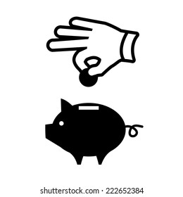 vector icon of one hand throwing money into piggy money box | modern flat design black pictogram isolated on white background