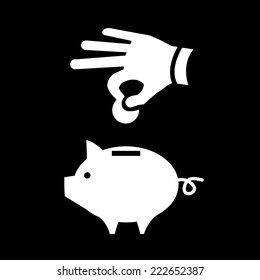 vector icon of one hand throwing money into piggy money box | modern flat design white pictogram isolated on black background