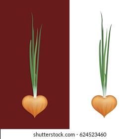 Vector Icon of Onion isolated on White and Brown Colors. Bulb of Onion in shape of Heart.