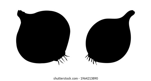 Vector icon of onions bulbs black silhouettes. Black and white illustration, glyph style design. Isolated on white background onion bulbs with roots