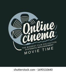 Icono vectorial para el cine en línea con el viejo carrete de película y la inscripción caligráfica. Concepto de cine en línea. Tiempo de película. Apto para publicidad, banner, afiche, página web, fondo, volante
