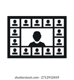 Icono de Vector de una conferencia en línea con un grupo de usuarios que se muestra en una pantalla, enfatizando las reuniones virtuales y la interacción entre los participantes en un formato digital.