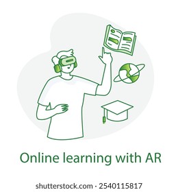 Vector icon for Online Learning with AR. Displays a user studying with augmented reality enhancements, representing interactive education.