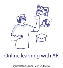 Vector icon for Online Learning with AR. Displays a user studying with augmented reality enhancements, representing interactive education.