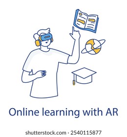 Vector icon for Online Learning with AR. Displays a user studying with augmented reality enhancements, representing interactive education.