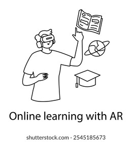 Vector icon for Online Learning with AR. Displays a user studying with augmented reality enhancements, representing interactive education.